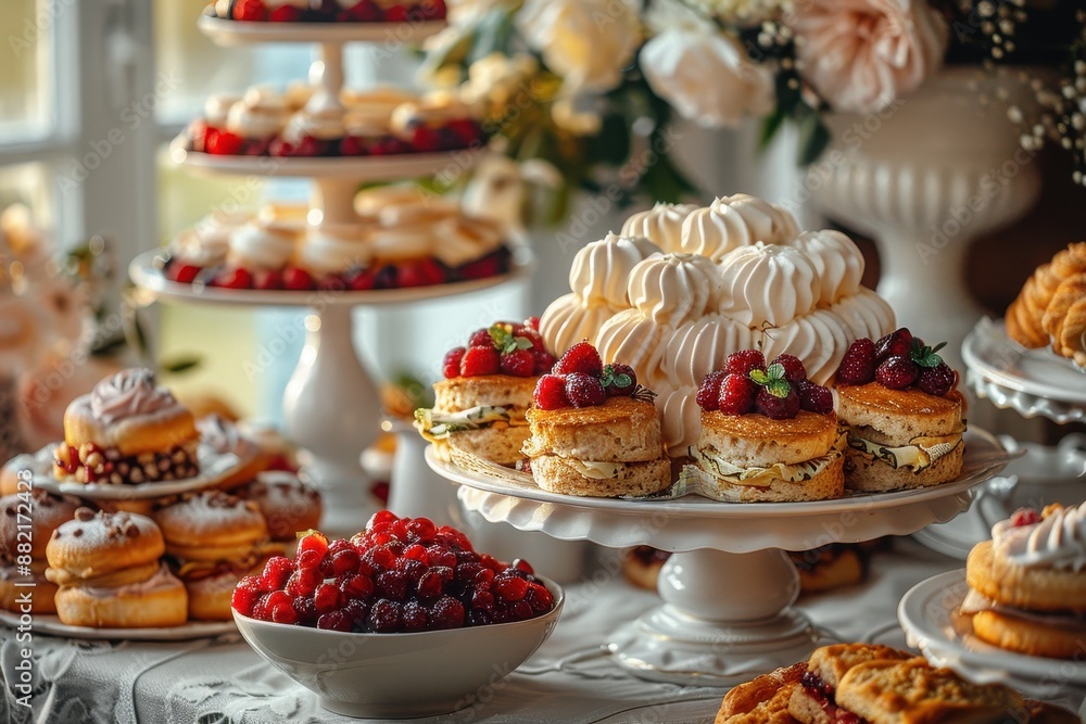 A traditional afternoon tea setup with finger sandwiches, scones with clotted cream and jam, and an assortment of pastries, served on a tiered stand. A traditional afternoon tea setup with finger sandwiches, scones with clotted cream and jam, and an assortment of pastries, served on a tiered stand.