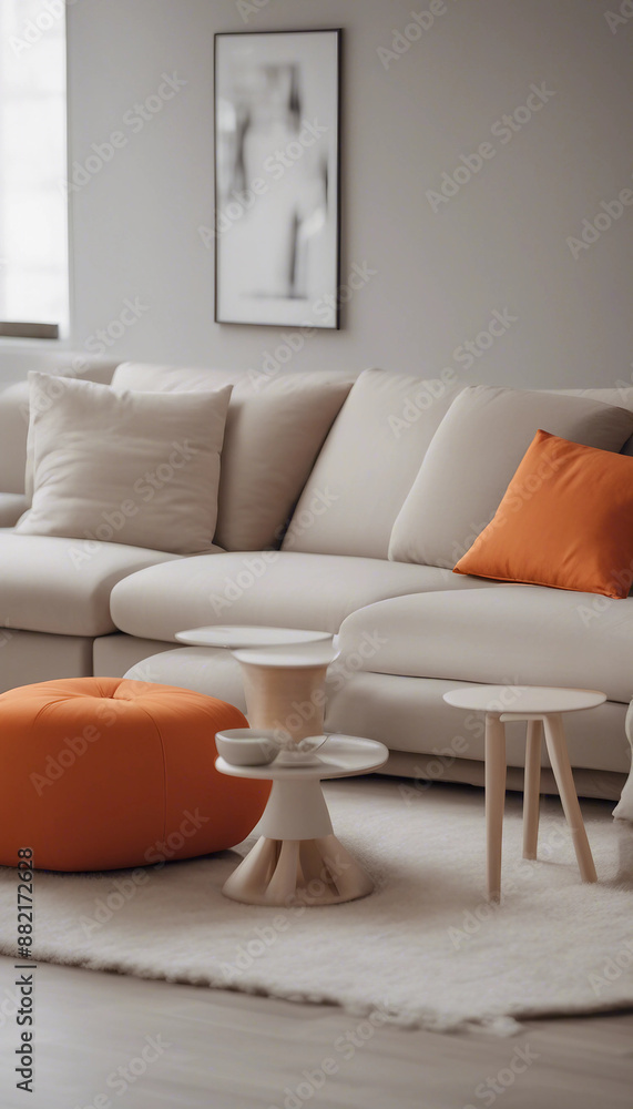 Beige corner sofa with orange pillows and white round coffee tables Minimalist interior design of mo Beige corner sofa with orange pillows and white round coffee tables Minimalist interior design of mo