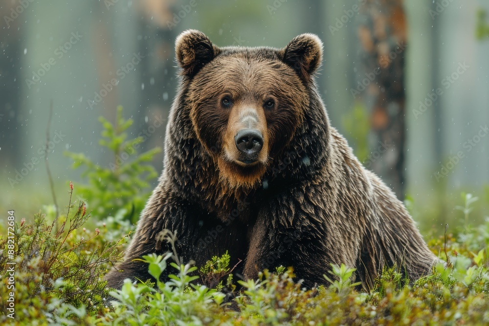 A majestic brown bear sits attentively amongst the lush greenery of a dense forest, with raindrops visible in the background on a misty day, showcasing nature's serene beauty A majestic brown bear sits attentively amongst the lush greenery of a dense forest, with raindrops visible in the background on a misty day, showcasing nature's serene beauty