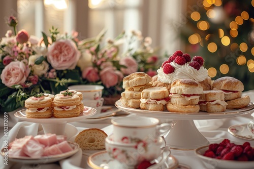 Wallpaper Mural A traditional afternoon tea setup with finger sandwiches, scones with clotted cream and jam, and an assortment of pastries, served on a tiered stand. Torontodigital.ca