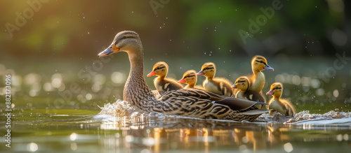 Duck and Ducklings: Ducks are waterfowl known for their webbed feet and quacking vocalizations. Ducklings are the young of ducks photo