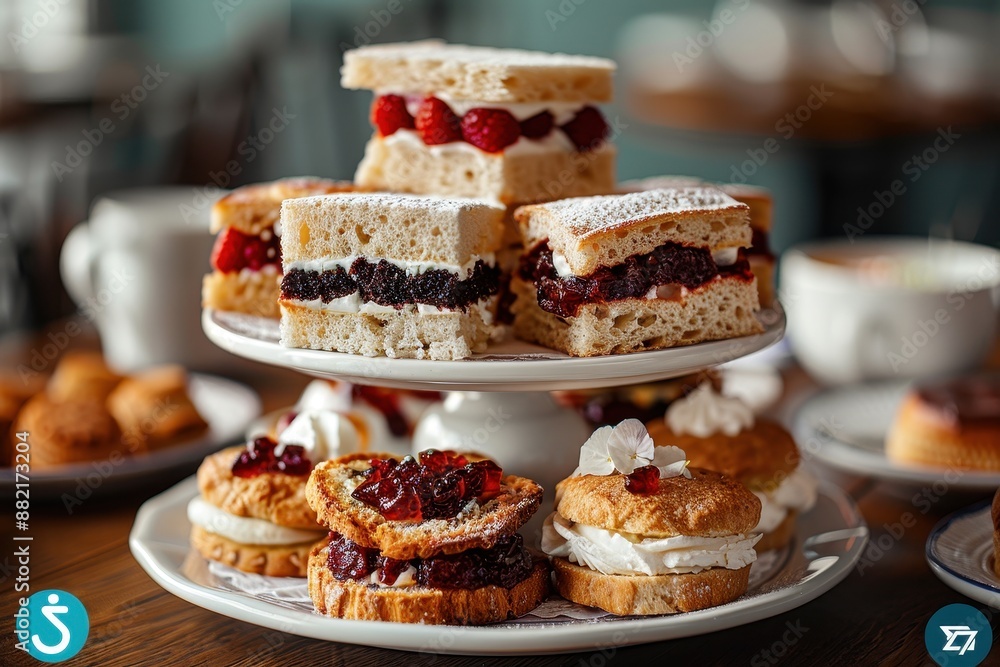 A traditional afternoon tea setup with finger sandwiches, scones with clotted cream and jam, and an assortment of pastries, served on a tiered stand. A traditional afternoon tea setup with finger sandwiches, scones with clotted cream and jam, and an assortment of pastries, served on a tiered stand.