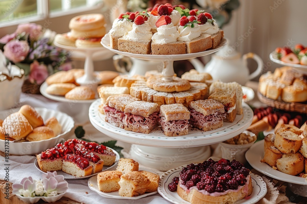 A traditional afternoon tea setup with finger sandwiches, scones with clotted cream and jam, and an assortment of pastries, served on a tiered stand. A traditional afternoon tea setup with finger sandwiches, scones with clotted cream and jam, and an assortment of pastries, served on a tiered stand.