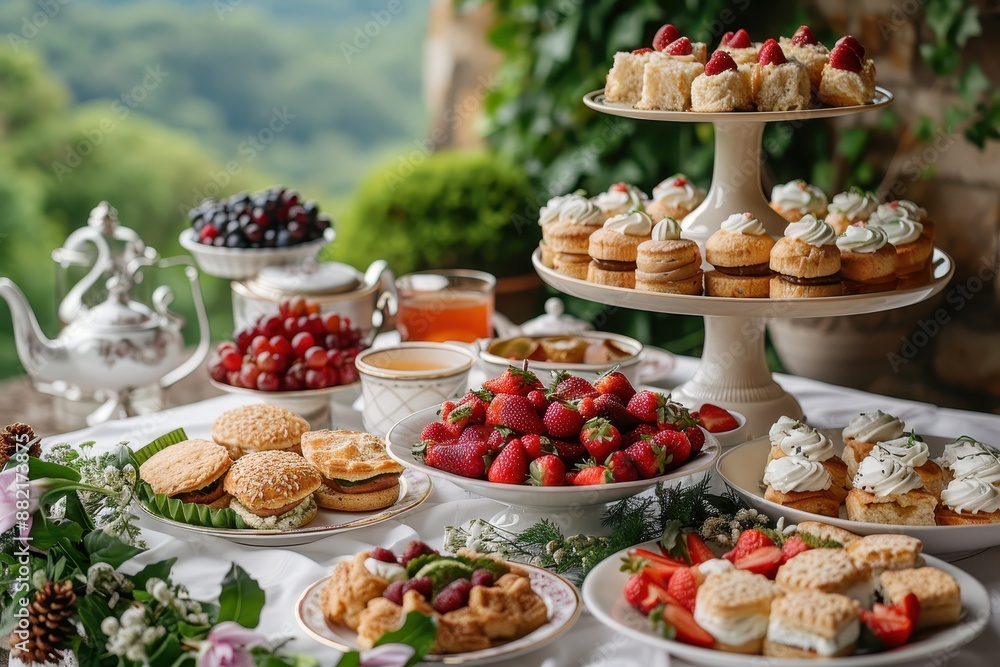 A traditional afternoon tea setup with finger sandwiches, scones with clotted cream and jam, and an assortment of pastries, served on a tiered stand. A traditional afternoon tea setup with finger sandwiches, scones with clotted cream and jam, and an assortment of pastries, served on a tiered stand.