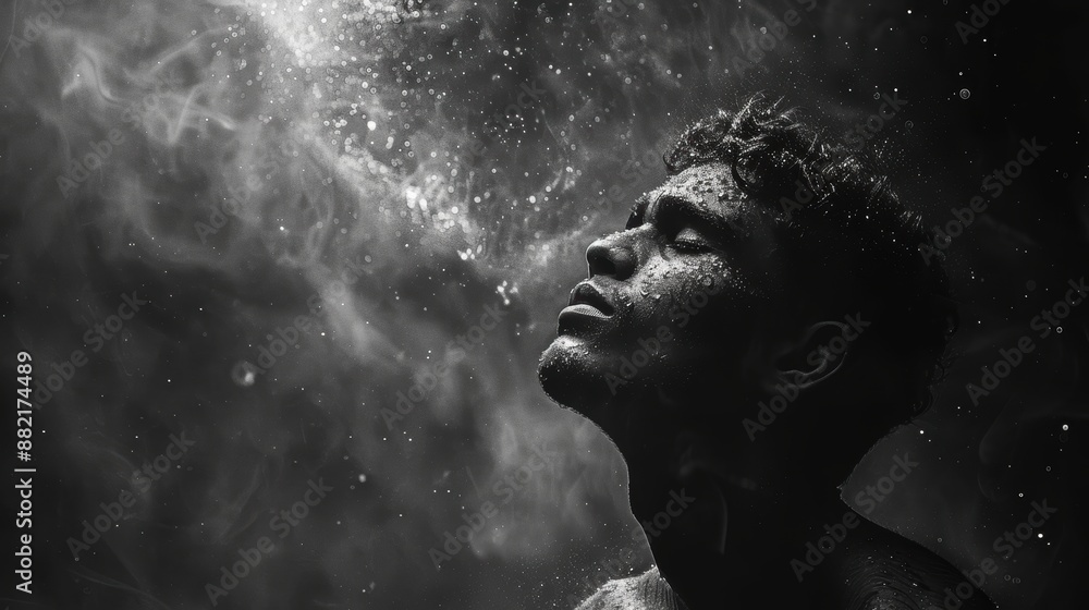 A monochrome, atmospheric close-up of a person basking in water droplets with eyes closed, conveying a sense of serenity and connection with nature A monochrome, atmospheric close-up of a person basking in water droplets with eyes closed, conveying a sense of serenity and connection with nature
