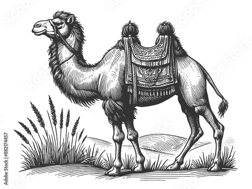 camel with decorative saddle standing in desert landscape, capturing traditional desert travel sketch engraving generative ai vector illustration. Scratch board imitation. Black and white image.