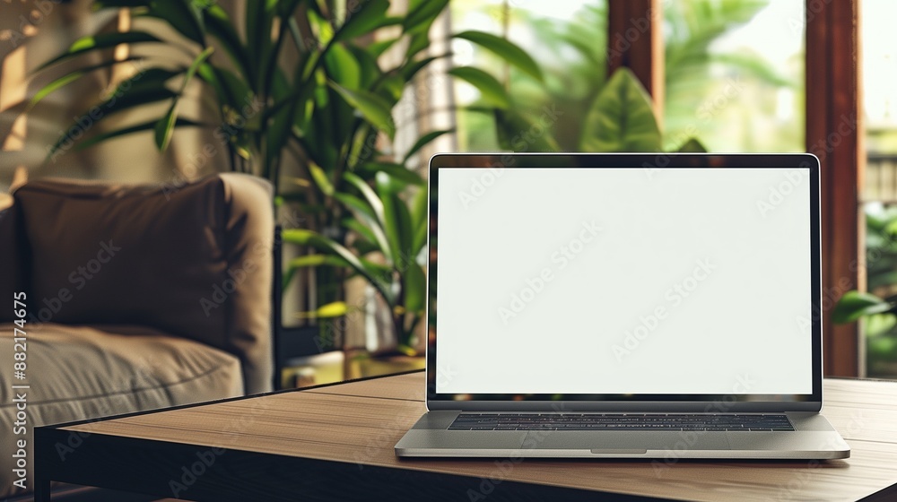 Blank Screen Laptop on Wooden Table in Cozy Living Room Blank Screen Laptop on Wooden Table in Cozy Living Room