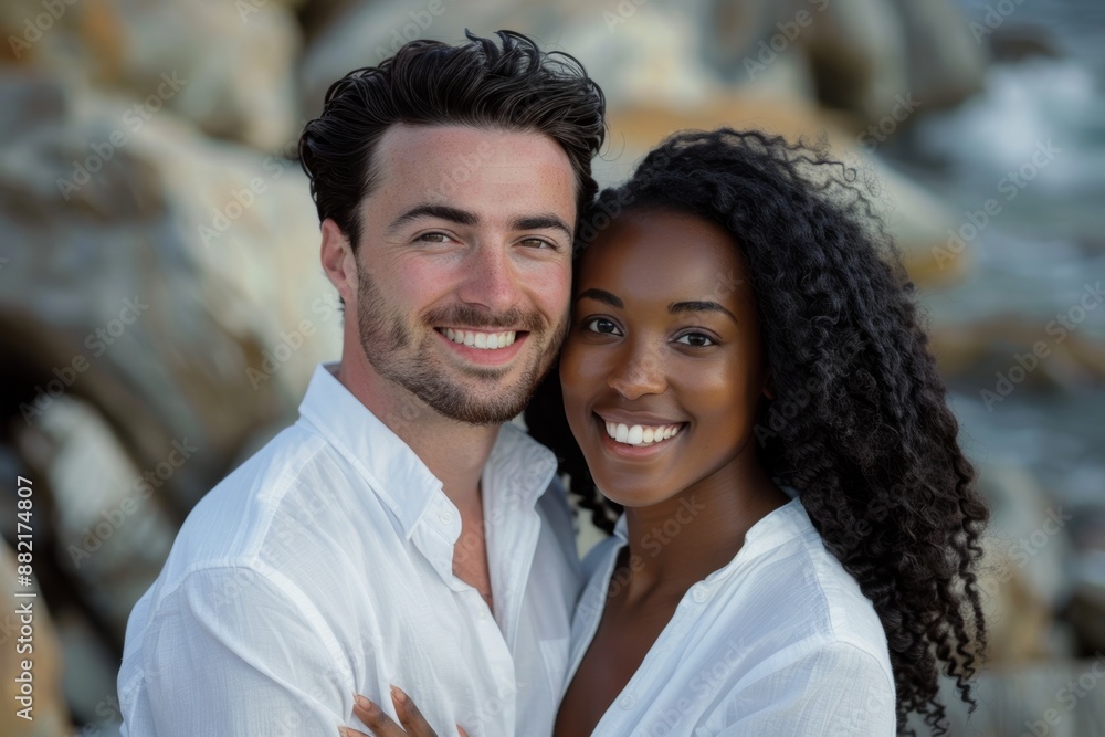 Portrait of a cheerful multiethnic couple in their 30s wearing a classic white shirt while standing against rocky shoreline background Portrait of a cheerful multiethnic couple in their 30s wearing a classic white shirt while standing against rocky shoreline background