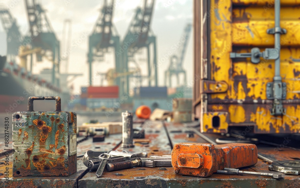 Fototapeta premium Rusty tools and containers at an industrial dockyard with cranes in the background, depicting a busy and rugged port environment.