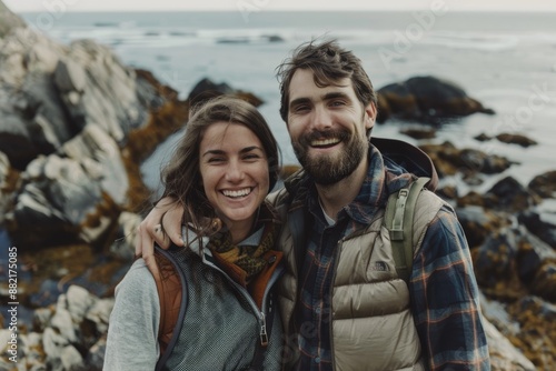 Portrait of a smiling couple in their 20s dressed in a breathable mesh vest in front of rocky shoreline background