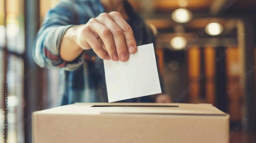 Hand putting vote in ballot box at polling station during voting. Election Democracy freedom concept Hand putting vote in ballot box at polling station during voting. Election Democracy freedom concept