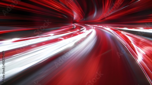 Abstract background with diffused tracks of bright red and white rays against dark blurred surface