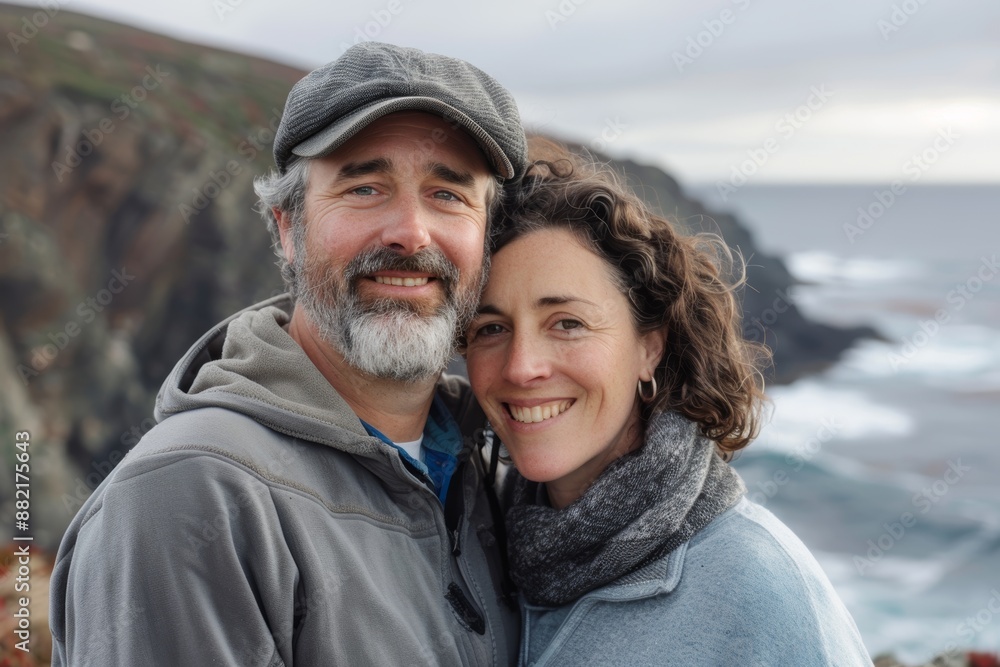 Portrait of a content couple in their 40s wearing a thermal fleece pullover over dramatic coastal cliff background Portrait of a content couple in their 40s wearing a thermal fleece pullover over dramatic coastal cliff background