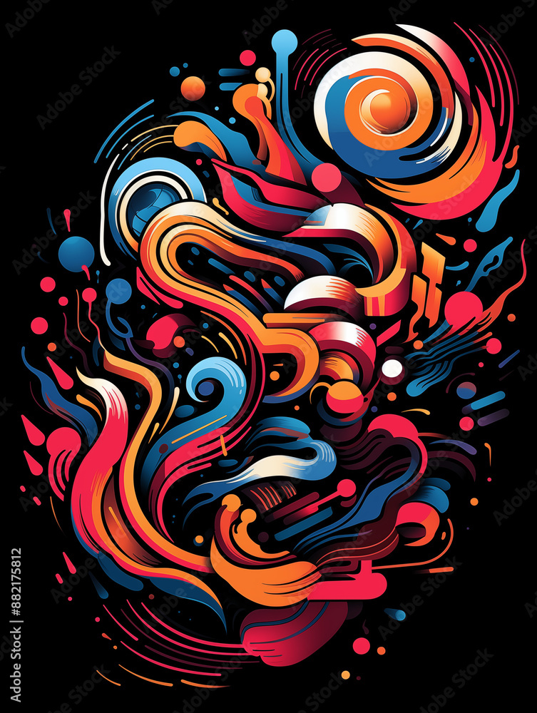 This image features a t-shirt design of a vibrant and dynamic mix of colorful swirls and abstract shapes, showcasing movement, energy, and artistic creativity. This image features a t-shirt design of a vibrant and dynamic mix of colorful swirls and abstract shapes, showcasing movement, energy, and artistic creativity.