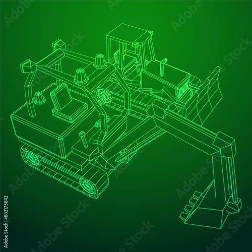 Heavy equipment excavator machine manufacturing power equipment for open pit mining. Wireframe low poly mesh vector illustration