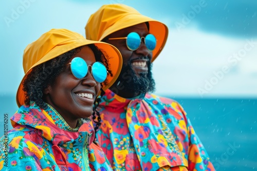 Portrait of a blissful afro-american couple in their 40s wearing a vibrant raincoat on calm bay background