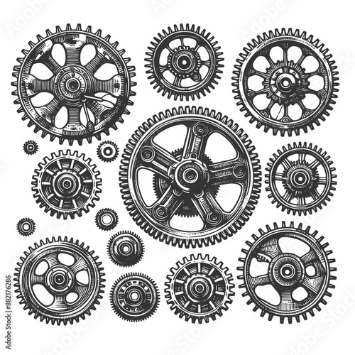 various steampunk gears and mechanical components, intricate design and industrial aesthetics sketch engraving generative ai vector illustration. Scratch board imitation. Black and white image.