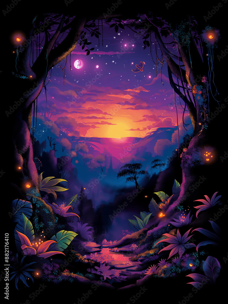 Fototapeta premium This enchanting t-shirt design image depicts a mystical twilight landscape featuring glowing plants, fireflies, and a vibrant, colorful sky with stars and a crescent moon above a serene valley.