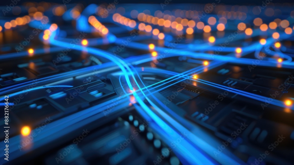 Abstract depiction of a futuristic digital network featuring blue light trails and glowing nodes, Abstract depiction of a futuristic digital network featuring blue light trails and glowing nodes,