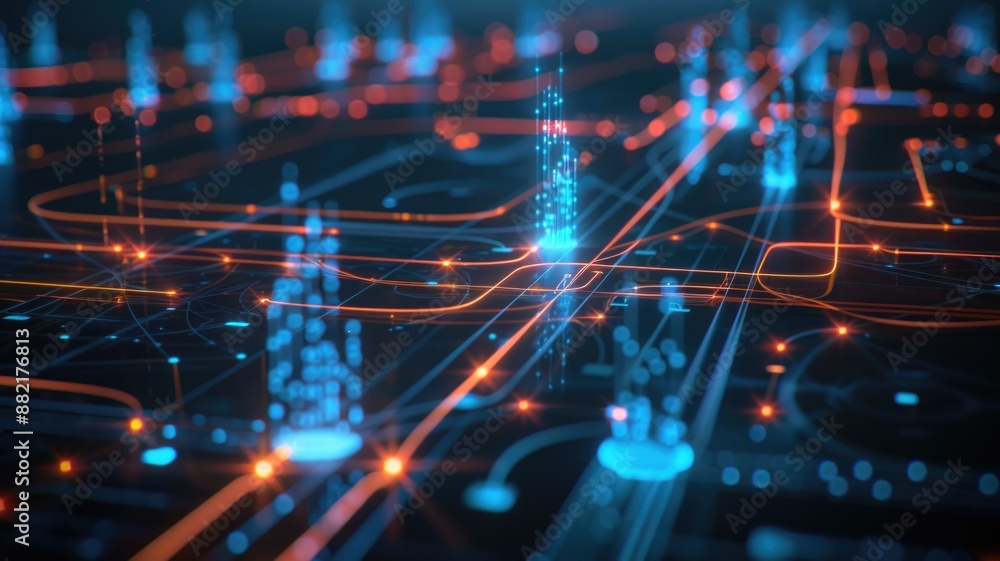 Abstract depiction of a futuristic digital network featuring blue light trails and glowing nodes, Abstract depiction of a futuristic digital network featuring blue light trails and glowing nodes,