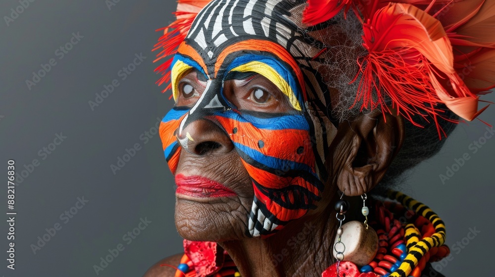 Naklejka premium An Elderly Woman With Vibrant Face Paint and Red Feathers in Her Hair