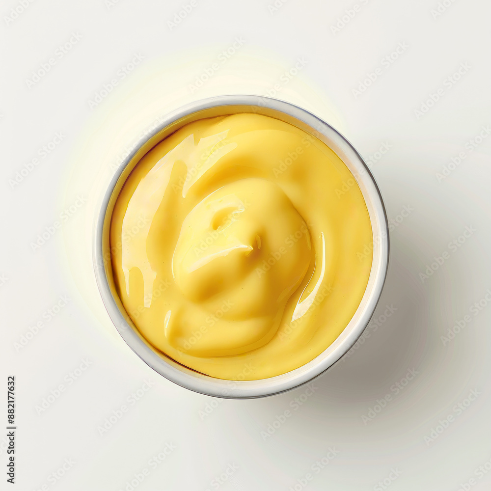 Ceramic dipping cup of cheese sauce, top view. Closeup of cheese sauce in a white bowl on a white background. Ceramic dipping cup of cheese sauce, top view. Closeup of cheese sauce in a white bowl on a white background.