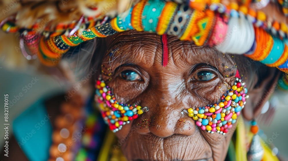 Obraz premium Close-Up Portrait of an Elderly Woman Wearing Traditional Jewelry in India