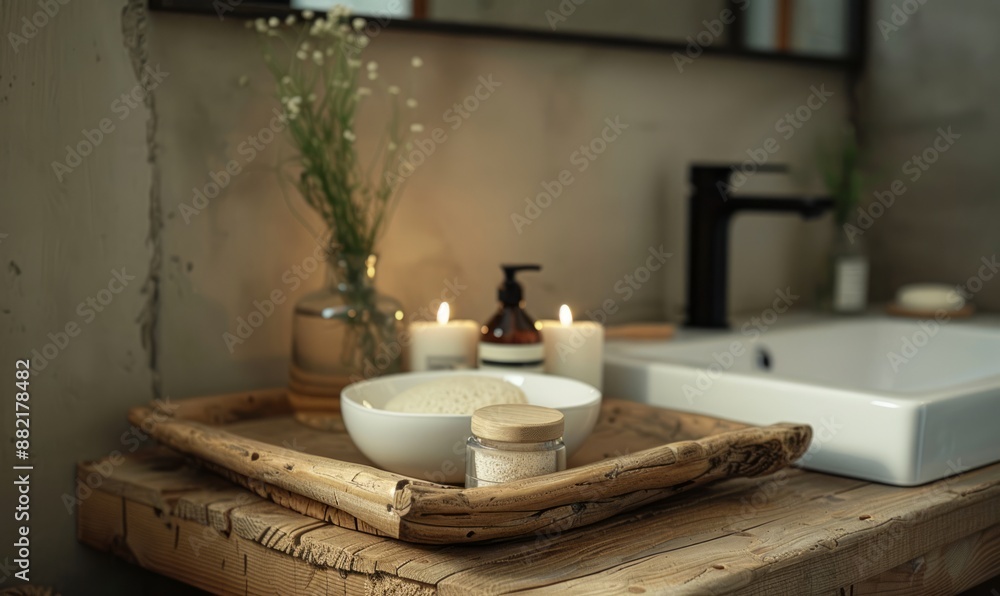 Rustic bathroom with a blank wooden tray. Rustic bathroom with a blank wooden tray.