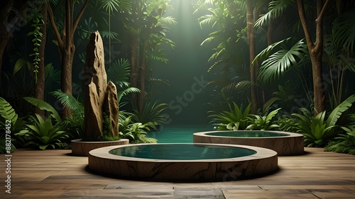 Tropical Jungle Podium: A 3D green podium surrounded by dense, vibrant jungle foliage and exotic plants, creating a lush, natural platform for product display