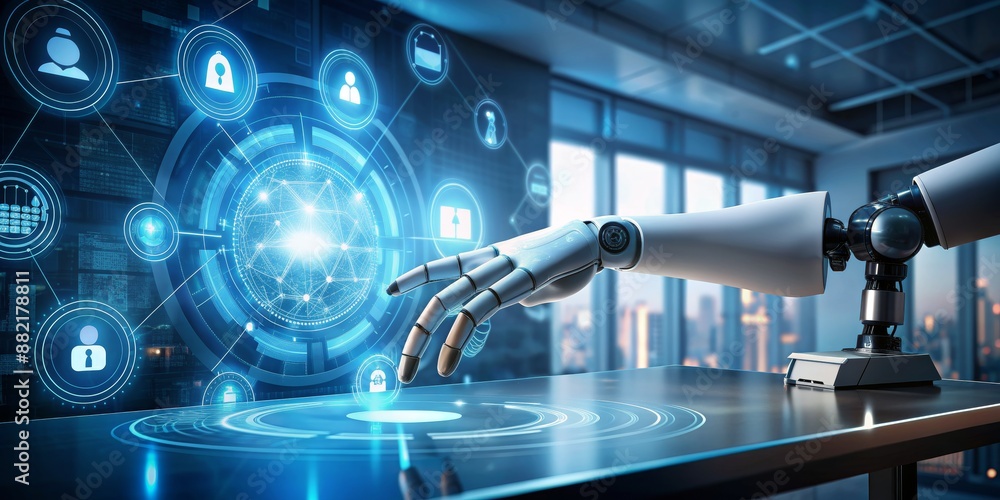Robotic Hand Interacting with Futuristic Interface, Cyberpunk , AI , Technology , Future Robotic Hand Interacting with Futuristic Interface, Cyberpunk , AI , Technology , Future
