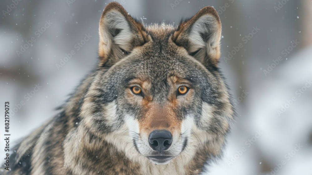 Close-up of a majestic wolf with piercing eyes standing in a snowy forest, capturing the wild beauty and strength of nature. Close-up of a majestic wolf with piercing eyes standing in a snowy forest, capturing the wild beauty and strength of nature.