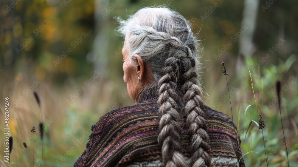 Elderly Woman With Gray Braids in a Forest Setting Elderly Woman With Gray Braids in a Forest Setting