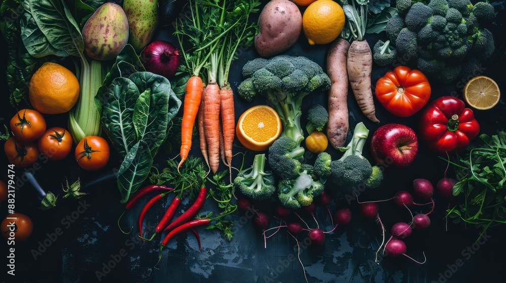 Fresh vegetables and fruits. Organic food on black wooden background. from Top view Fresh vegetables and fruits. Organic food on black wooden background. from Top view