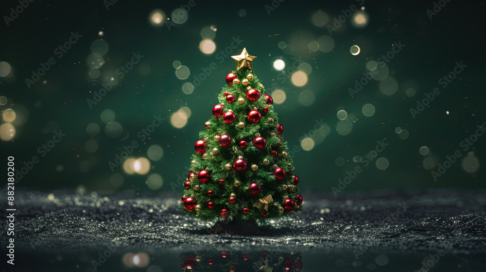 Christmas tree with glass balls on the blurred background with bokeh. Winter holidays greeting card with Xmas fir and baubles Christmas tree with glass balls on the blurred background with bokeh. Winter holidays greeting card with Xmas fir and baubles