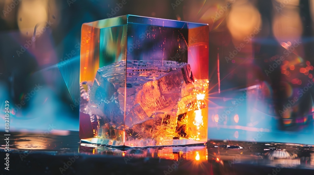 Abstract background with closeup shot of glossy crystal block with multicolored gradient reflection on blurred mirror surface. 