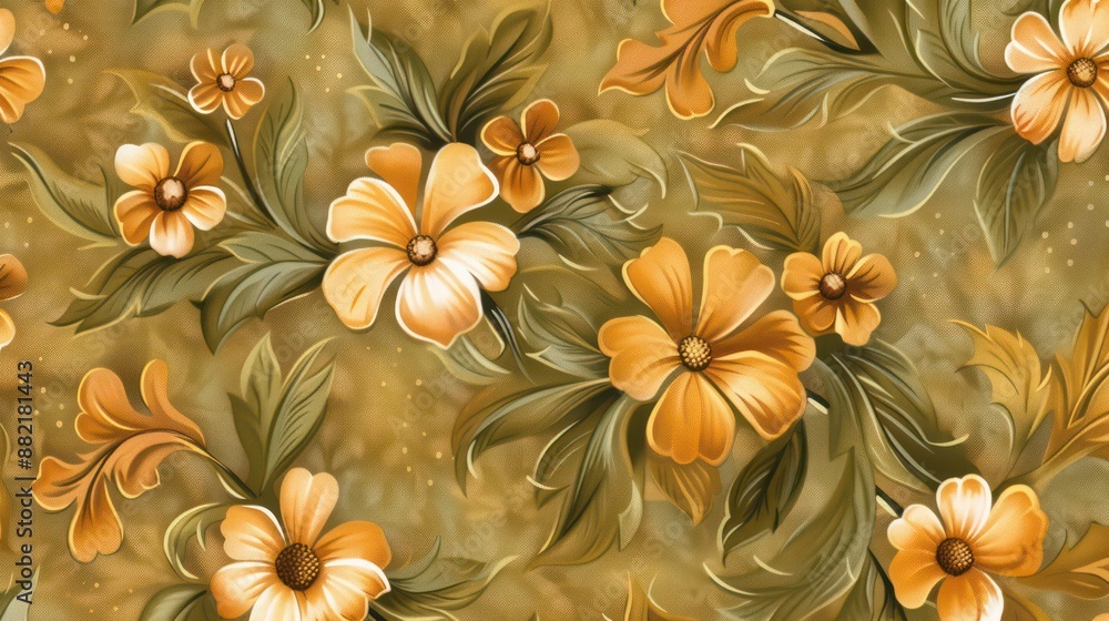 Vibrant orange and yellow flowers on earthy background, seamless pattern Vibrant orange and yellow flowers on earthy background, seamless pattern