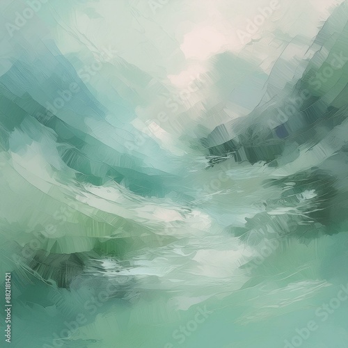 Abstract watercolor drawing featuring a palette of pale gray, blue, and green hues, with a dominant sage green color. Ideal art background for design purposes, showcasing elements of water and grunge