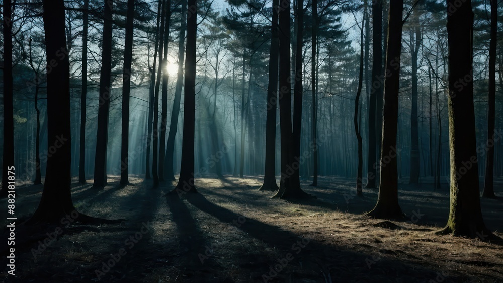 Obraz premium A tranquil forest scene with tall trees casting long shadows as sunlight peeks through, creating a serene and peaceful atmosphere perfect for reflection and relaxation
