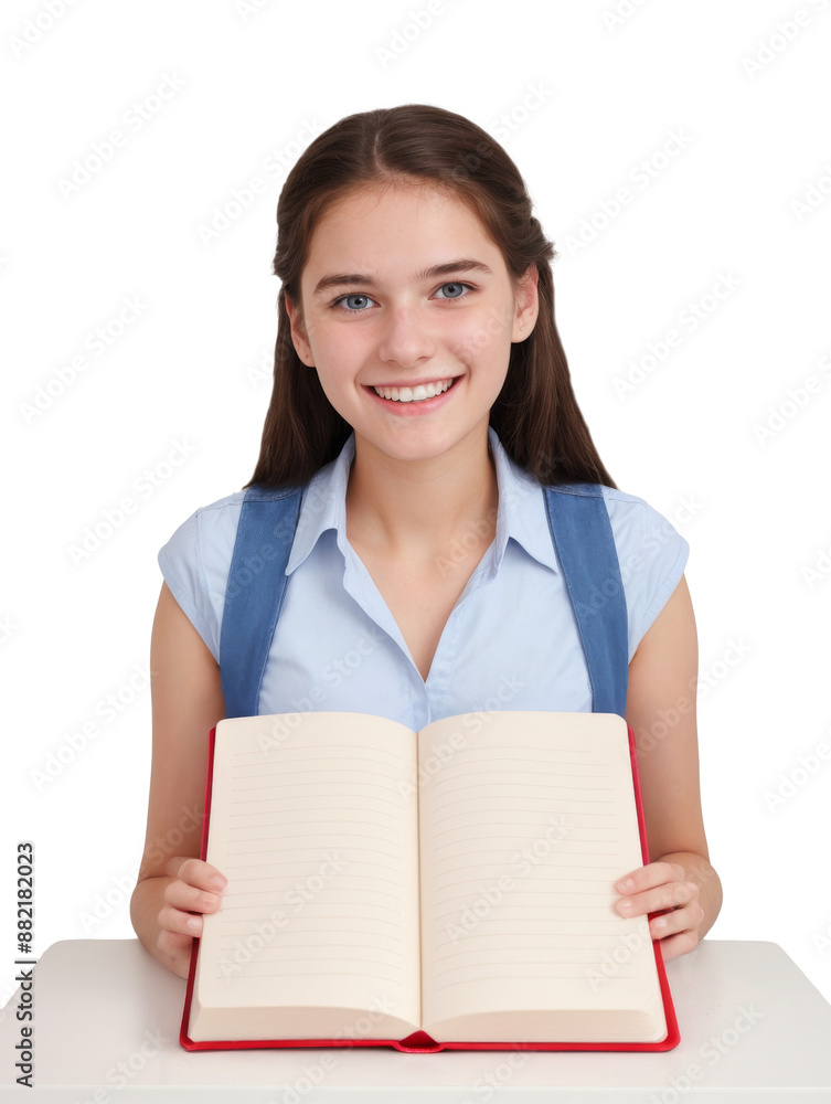 Transparent PNG young student girl smiles while holding open blank book or notepad in front of her on desk Transparent PNG young student girl smiles while holding open blank book or notepad in front of her on desk