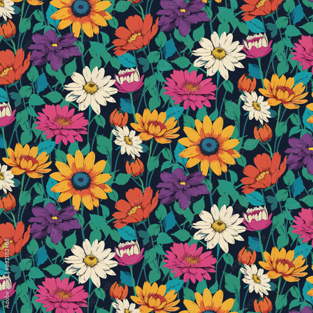 Bright flowers in a pattern.Seamless vector pattern of bright flower meadow.