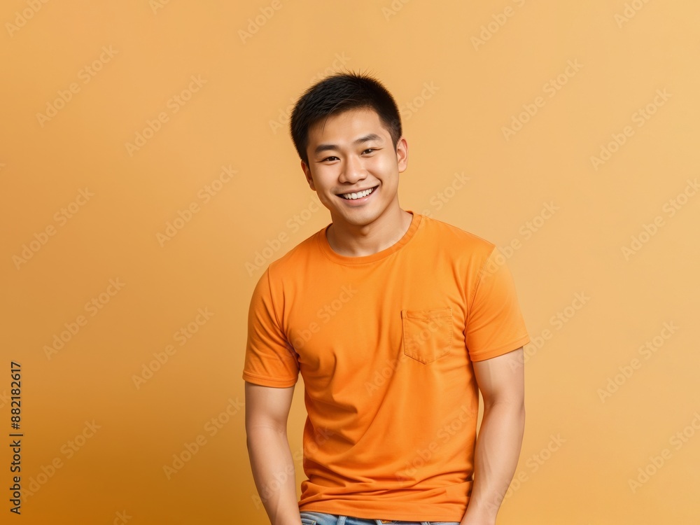 Young asian man stands in front of yellow isolated background, wearing orange t-shirt and smiling Young asian man stands in front of yellow isolated background, wearing orange t-shirt and smiling