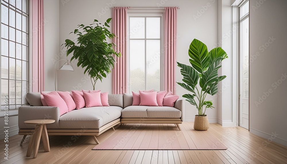 Photo of a bright living room with a plant, herringbone parquet, and a couch with pink accents. Photo of a bright living room with a plant, herringbone parquet, and a couch with pink accents.