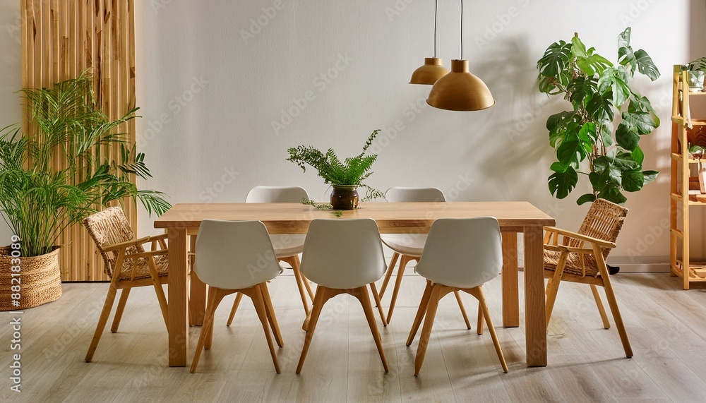 White dining room empty Scandinavian clean bright comfy wooden decor design. Generative AI White dining room empty Scandinavian clean bright comfy wooden decor design. Generative AI