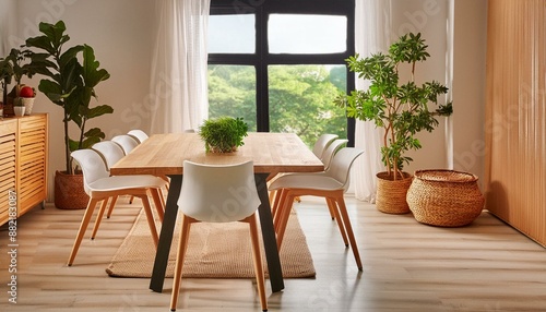 White dining room empty Scandinavian clean bright comfy wooden decor design. Generative AI 