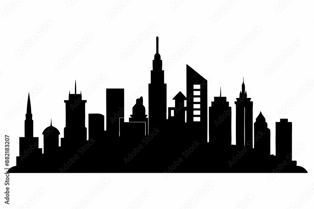 Naklejka premium city skyline silhouette, Modern City Skyline Skyscrapers, City silhouette vector, Skyline urban border collection.