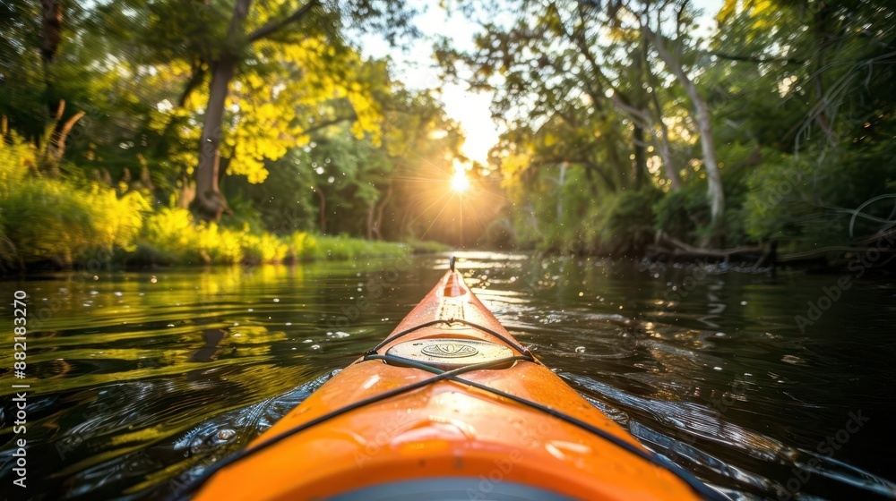 Fototapeta premium kayak going down a river with trees in the background