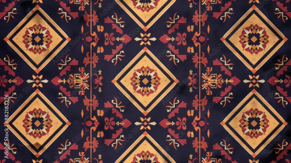 Geometric patterned textile with warm earth-toned diamond shapes. Geometric patterned textile with warm earth-toned diamond shapes.