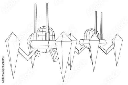 Spider robot with radar antenna. Nanobot, nanotechnology medical concept. Wireframe low poly mesh vector illustration