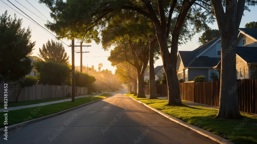 A tranquil suburban street basking in the morning sunlight, featuring tree lined surroundings and cozy homes, perfect for peaceful living and serene walks A tranquil suburban street basking in the morning sunlight, featuring tree lined surroundings and cozy homes, perfect for peaceful living and serene walks