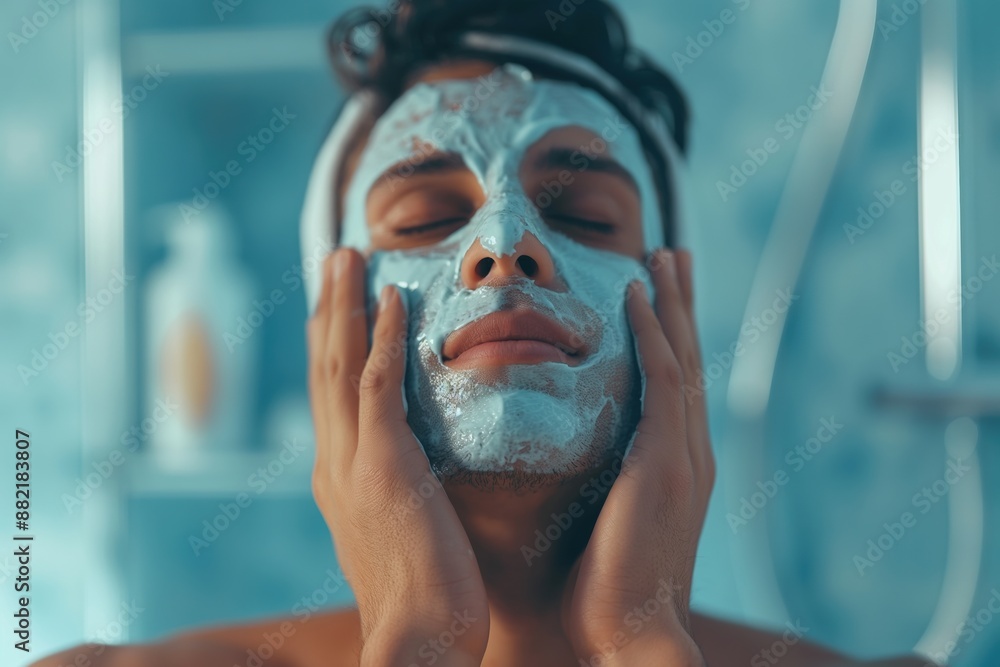 Man with facial mask in bathroom, close-up of male facial care routine Man with facial mask in bathroom, close-up of male facial care routine